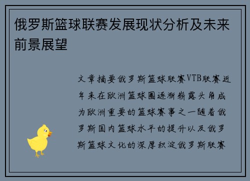 俄罗斯篮球联赛发展现状分析及未来前景展望