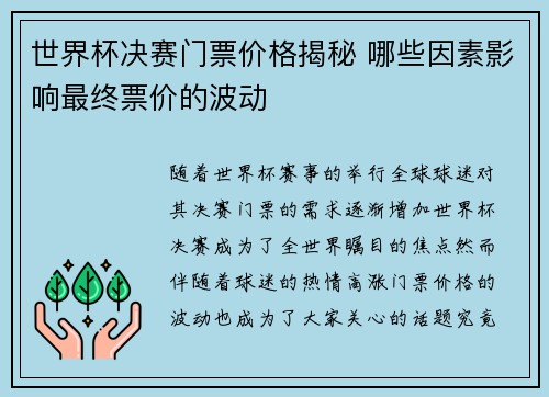 世界杯决赛门票价格揭秘 哪些因素影响最终票价的波动